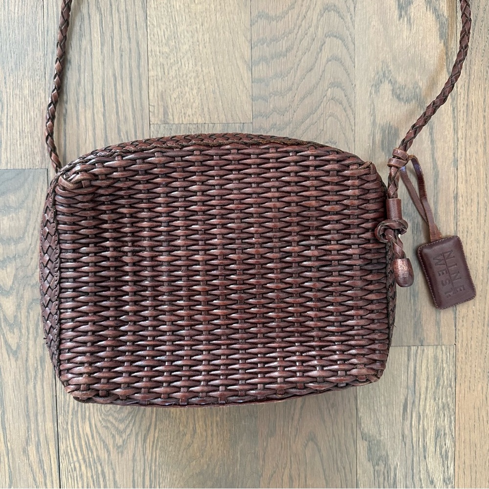 Vintage Woven Leather Small Rectangular Crossbody Handbag Brown 10"x7.5"x2.75 - Picture 4 of 11